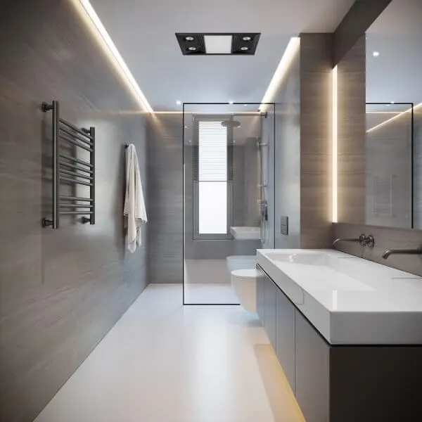 A modern bathroom lit by an LED strip and ceiling lights