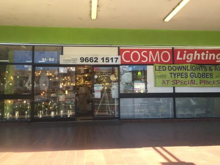 The Cosmo Lighting shopfront on Anzac Parade, Kensington, with its COSMO Lighting sign