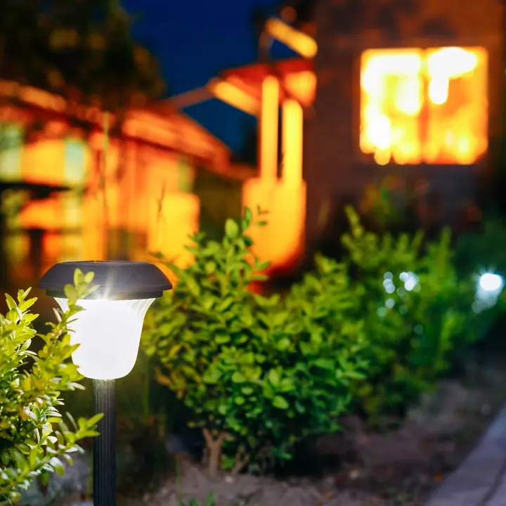 Path lights along a garden path at dusk