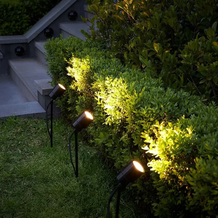 Garden spike lights lighting shrubs at night