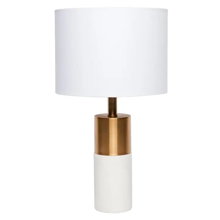 A Lane table lamp with a marble and brass base and a white linen shade